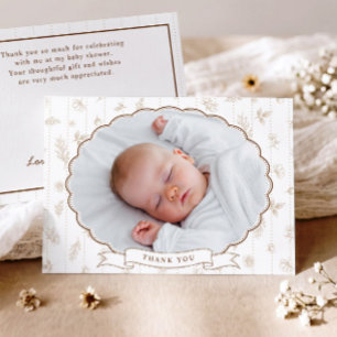 Vintage Florale Beige Braune Oval-Foto-Baby-Party Dankeskarte