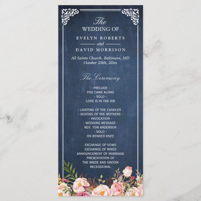 Vintage Florale Blaue Kreidetafel Hochzeitsprogram Programm (Vorderseite)