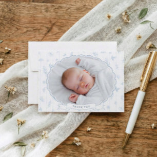 Vintage Florale Blaue Ovale Foto-Baby-Party Dankeskarte