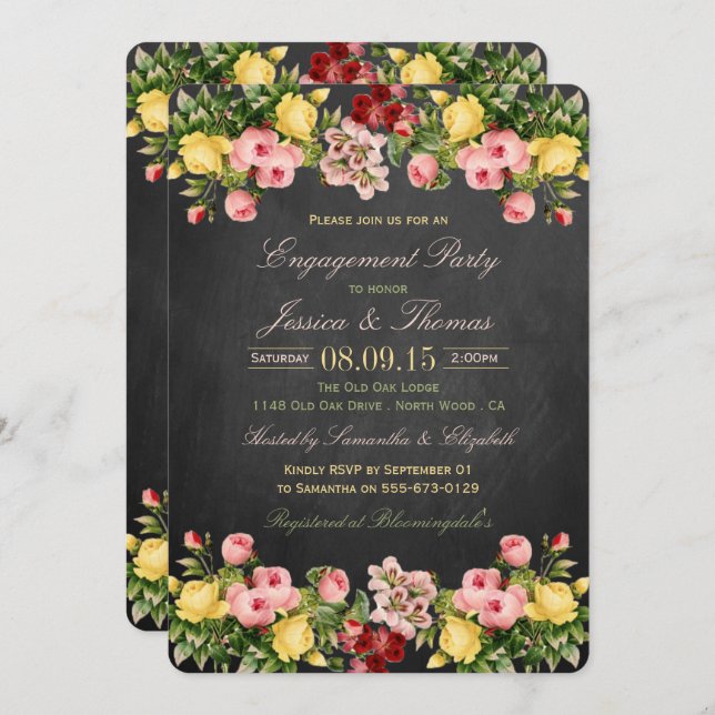 Vintage florale Chalkboard-Engagement-Partei Einladung (Vorne/Hinten)