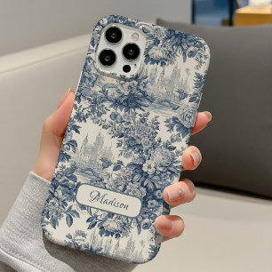 Vintage florale chic Blaue Toile de Jouy Monogramm iPhone 16 Hülle
