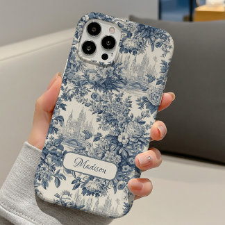 Vintage florale chic Blaue Toile de Jouy Monogramm iPhone 16 Hülle