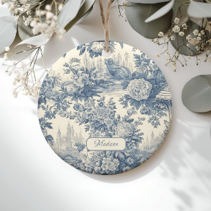 Vintage florale chic Blaue toile de jouy Monogramm Keramik Ornament