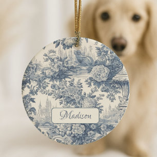 Vintage florale chic Blaue toile de jouy Monogramm Keramik Ornament