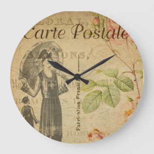 Vintage florale französische Postkarte der Modefra Große Wanduhr