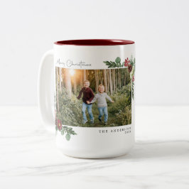 Vintage florale Frohe Weihnachtsfoto-Karte Zweifarbige Tasse