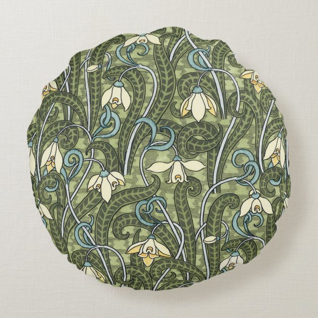 Vintage florale Jugendstil-Blume Rundes Kissen (Rückseite)