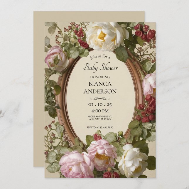 Vintage florale Jugendstil-Kinderdusche Einladung (Vorne/Hinten)