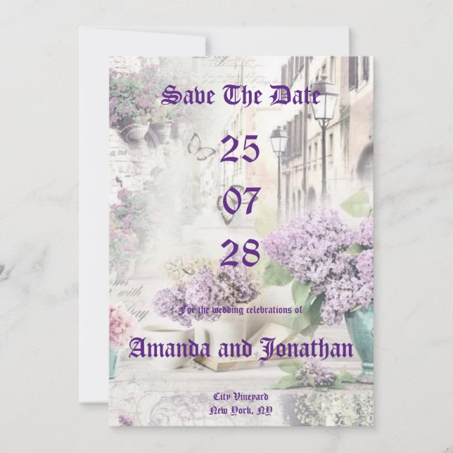 Vintage florale Lila Save the Date Einladung (Vorderseite)