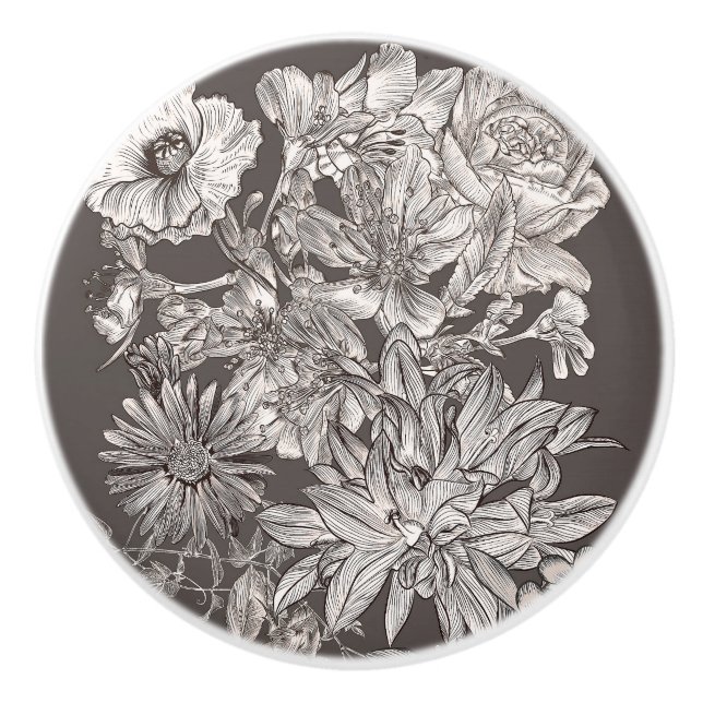 Vintage florale Moderne Grau Botanische Chic Rusti Keramikknauf (Vorderseite)