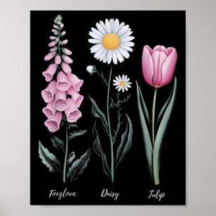 Vintage florale Pflanze Foxglove Daisy Tulip Blume Poster