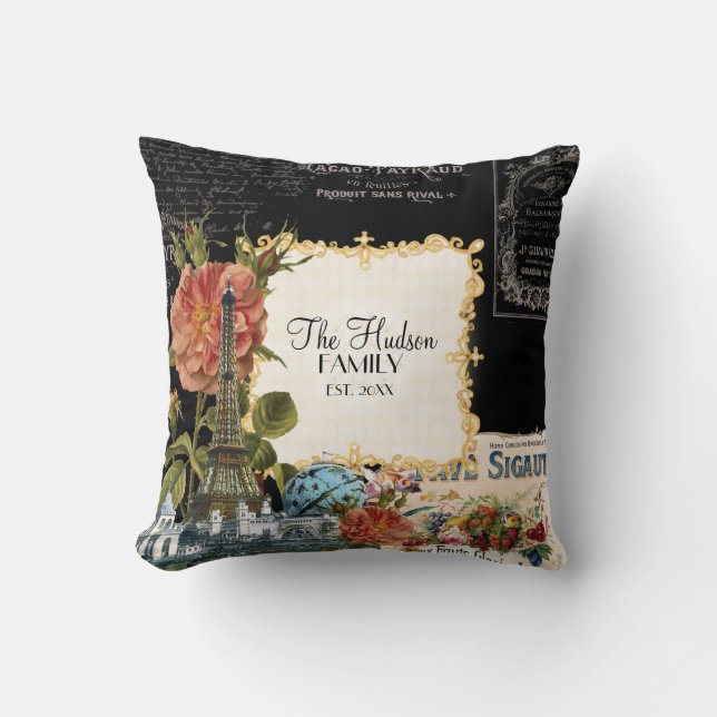 Vintage florale Rose Eiffelturm Marie Antoinette Kissen (Vorderseite)