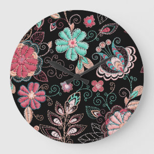 Vintage florale Stickerei Dunkles Muster Große Wanduhr
