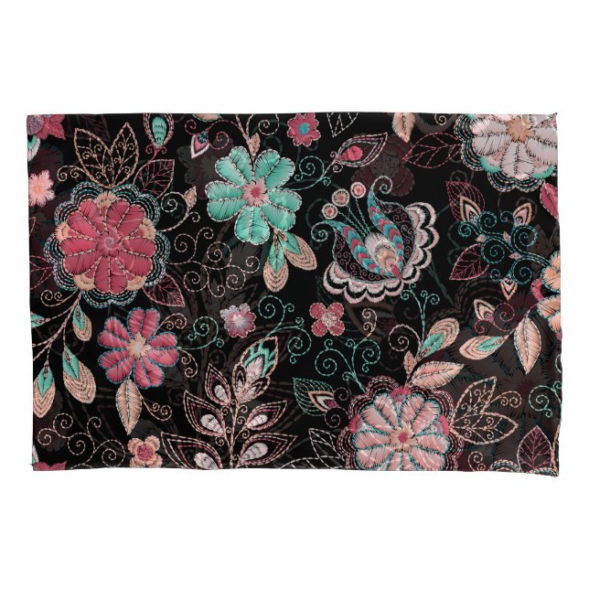 Vintage florale Stickerei Dunkles Muster Kissenbezug (Vorderseite)