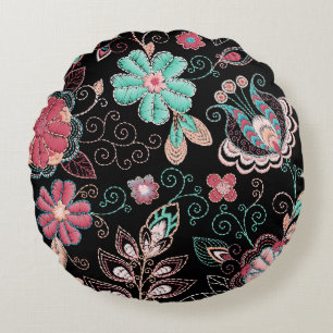Vintage florale Stickerei Dunkles Muster Rundes Kissen