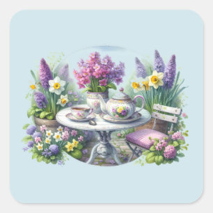 Vintage Florale Teeparty im Garten Quadratischer Aufkleber