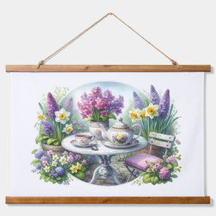 Vintage Florale Teeparty im Garten Wandteppich Mit Holzrahmen