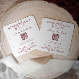 Vintage Florales Burgund Rot Hochzeits-QR-Code Rechteckiger Pappuntersetzer