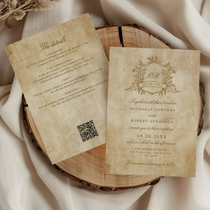 Vintage Florales Wappen QR-Code All-In-One Hochzei Einladung