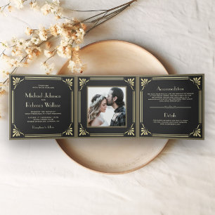 Vintage Flourish Art Deco Foto Hochzeit Dreifach Gefaltete Einladung