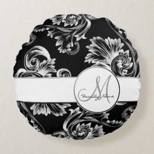 Vintage Flourish (Weiß) (Monogramm) Rundes Kissen
