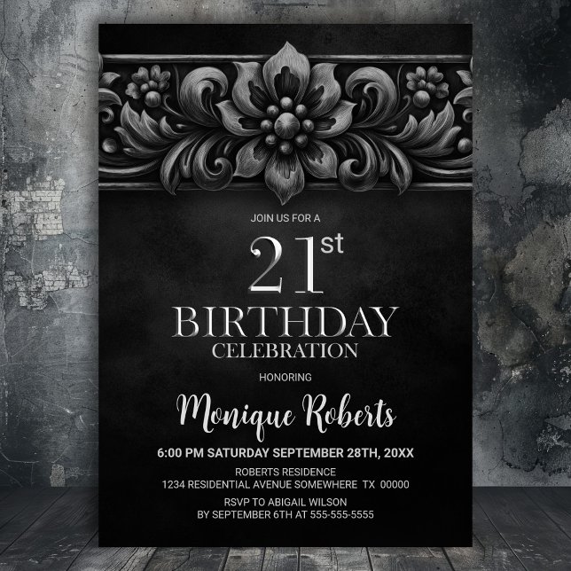 Vintage Flower Black 21st Birthday Party Einladung (Von Creator hochgeladen)