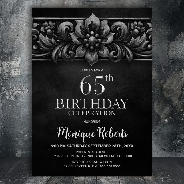 Vintage Flower Black 65th Birthday Party Einladung (Von Creator hochgeladen)
