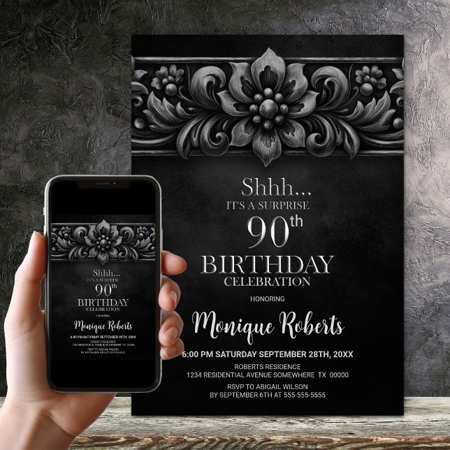 Vintage Flower Black Surprise 90th Birthday Party Einladung (Von Creator hochgeladen)