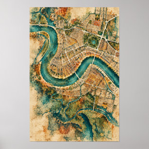 Vintage-Flugbild-Stadtplan-Wandkunst am Fluss Poster