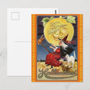 Vintage Flügelhexe Halloween-Postkarte Postkarte