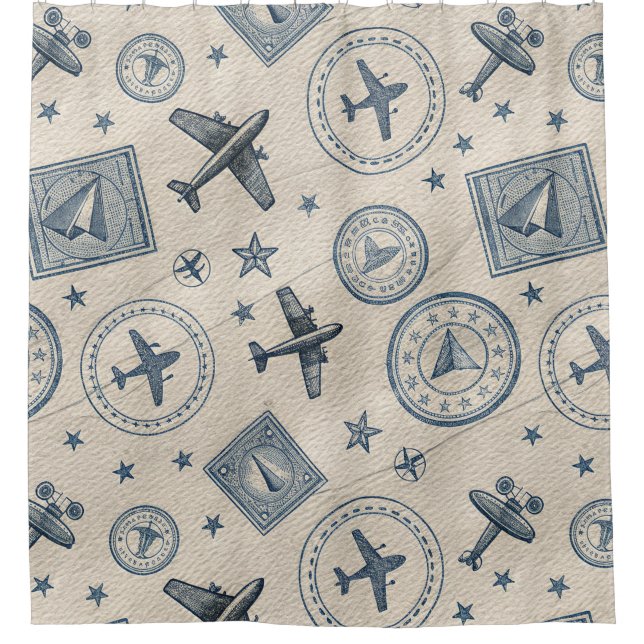 Vintage-Flugreise-Pass-Stempel-Muster (1) Duschvorhang (Vorderseite)