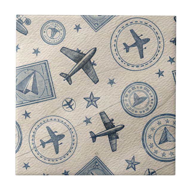 Vintage-Flugreise-Pass-Stempel-Muster (1) Fliese (Vorderseite)