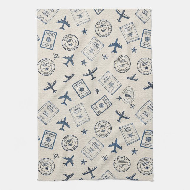 Vintage-Flugreise-Pass-Stempel-Muster (2) Geschirrtuch (Vertikal)