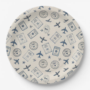 Vintage-Flugreise-Pass-Stempel-Muster (2) Pappteller