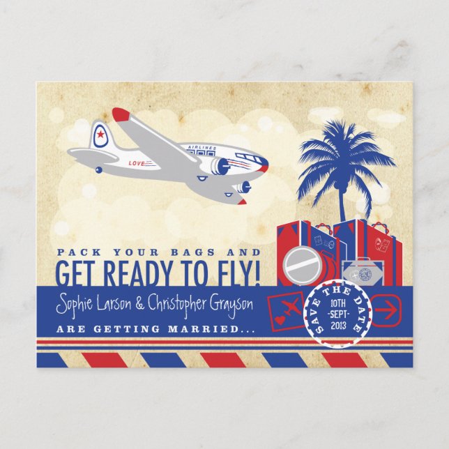 Vintage Flugreise Save the Date Postkarte (Vorderseite)
