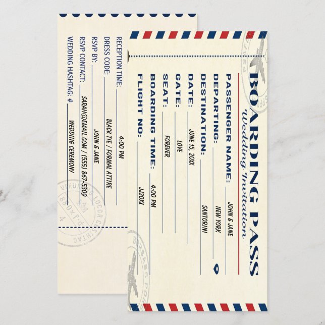 Vintage-Flugticket-Hochzeitsurkunde Save The Date (Vorne/Hinten)