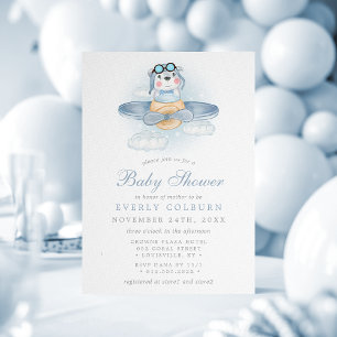 Vintage-Flugzeug-Bär-Aquarell-Junge-Baby-Party Einladung