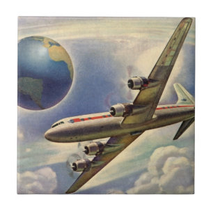 Vintage-Flugzeug fliegt um die Welt in Wolken Fliese