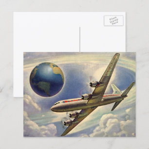 Vintage-Flugzeug fliegt um die Welt in Wolken Postkarte