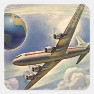 Vintage-Flugzeug fliegt um die Welt in Wolken Quadratischer Aufkleber