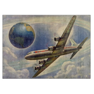 Vintage-Flugzeug fliegt um die Welt in Wolken Schneidebrett