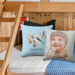 Vintage-Flugzeug-Foto-Aquarell-Baby-Junge Blau Kissen