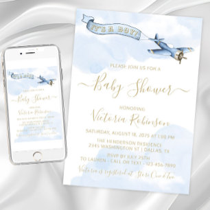 Vintage-Flugzeug Junge Blau Gold Baby-Party Einladung