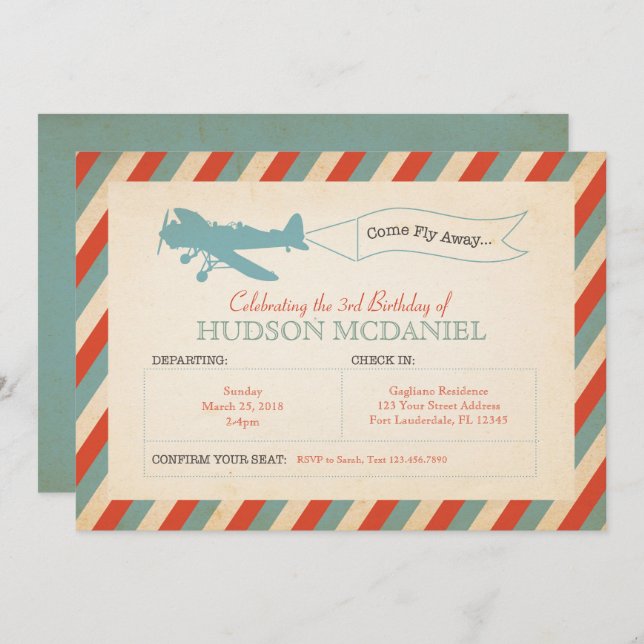 Vintage Flugzeug-Kindergeburtstag-Party Einladung (Vorne/Hinten)