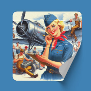 Vintage-Flugzeug Pin-up Quadratischer Aufkleber