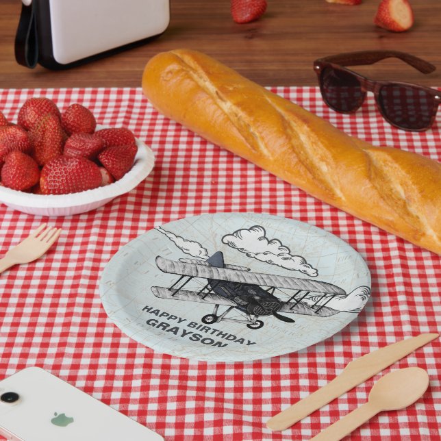 Vintage-Flugzeug | Reisegéburtstagsfeier Pappteller (Picknick)