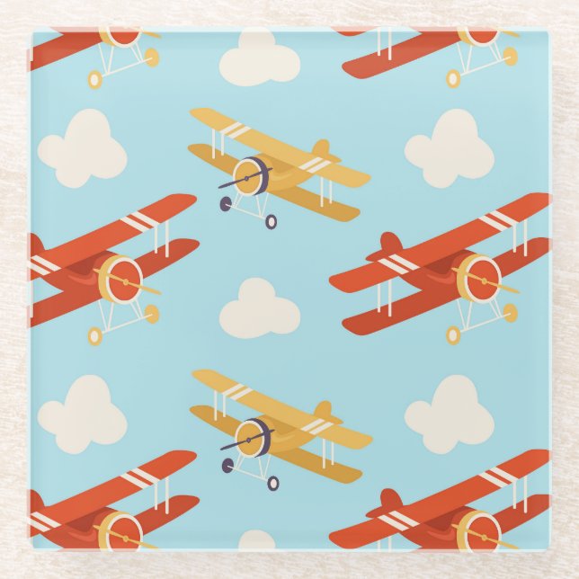 Vintage Flugzeug Wolken Hintergrundmuster Glasuntersetzer (Vorderseite)
