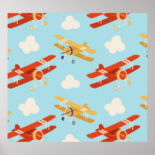 Vintage Flugzeug Wolken Hintergrundmuster Poster