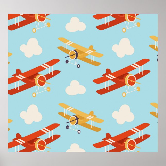 Vintage Flugzeug Wolken Hintergrundmuster Poster (Vorne)
