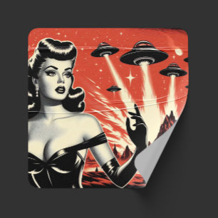 Vintage-Flying-Saucer-Pin-up Quadratischer Aufkleber